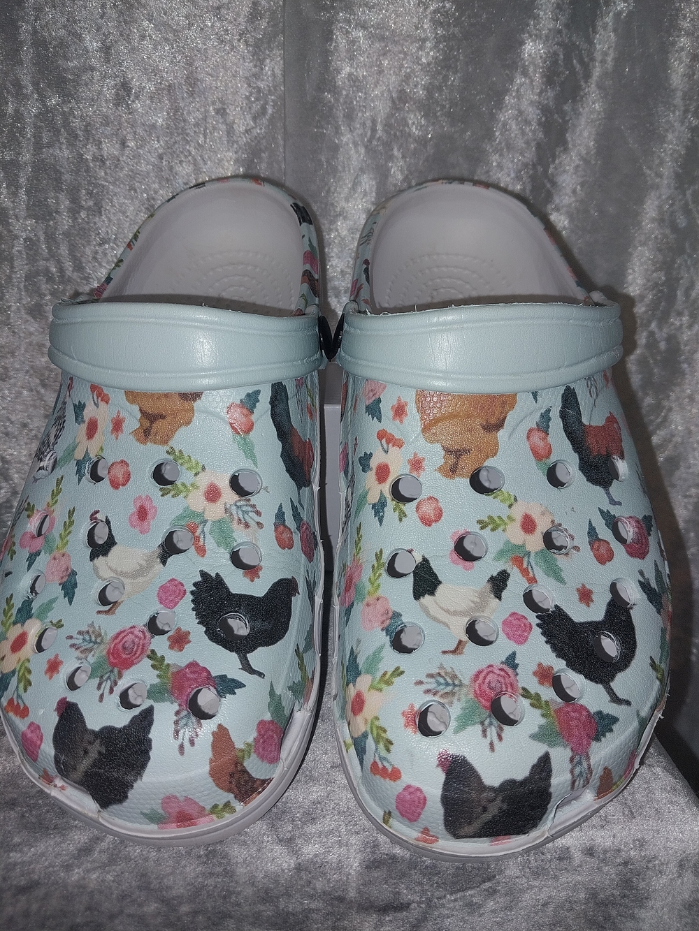 Womans  Floral Garden Clog - Light Blue/Pink With Chicken Print